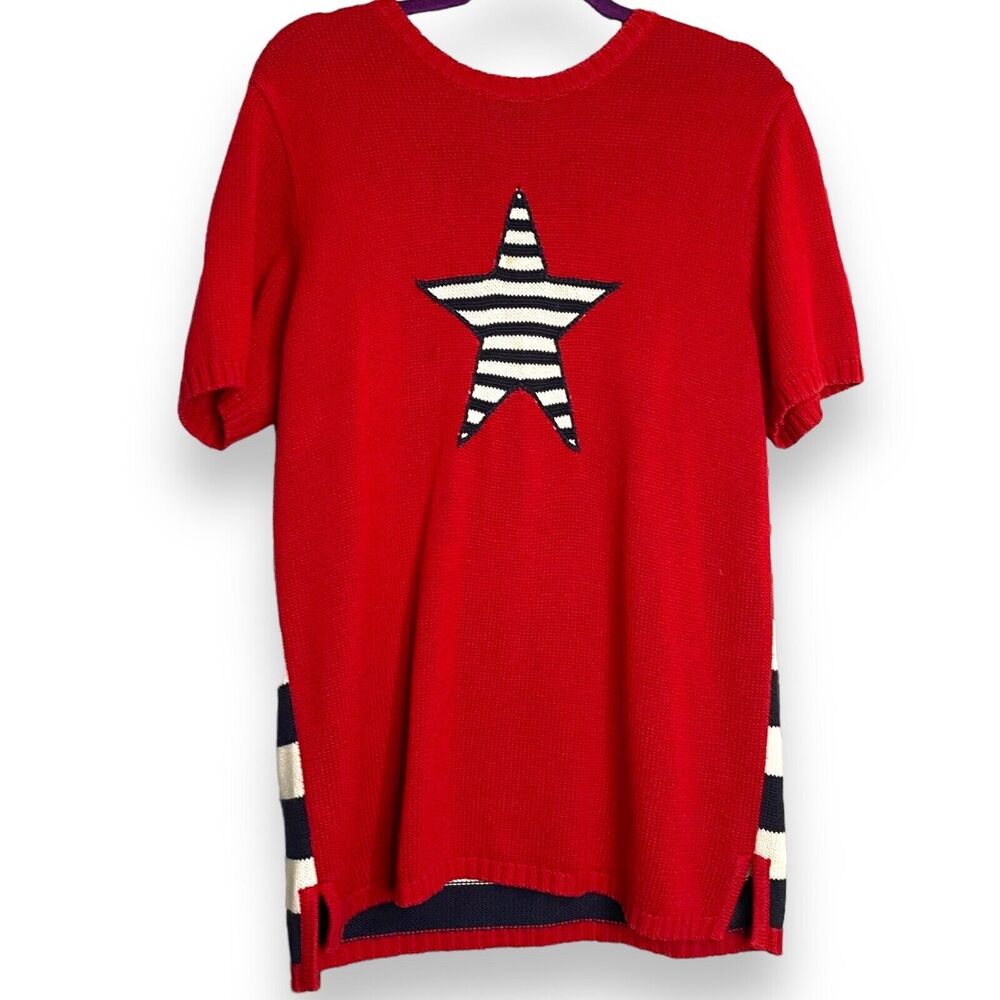 The Quacker Factory Tunic Sweater Women's M Red Patriotic Striped Knit VTG Star